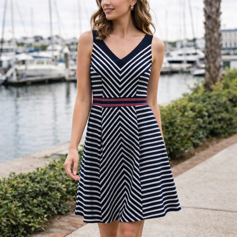 Maeve Navy and White Striped Fit-and-Flare Mini Dress with Pink Waistband